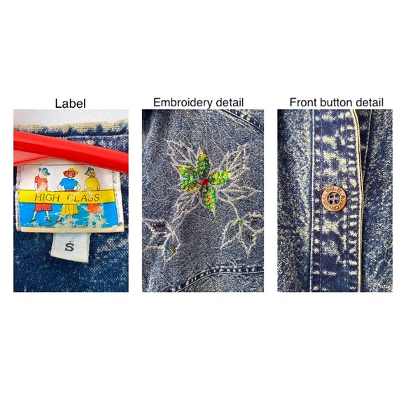 80s vintage blue denim acid wash embellished floral print retro midi jean dress - Picture 9 of 9